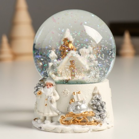 Souvenir Polystone Water Ball "House in a snowy forest" White with gold 7x8x9 cm-4