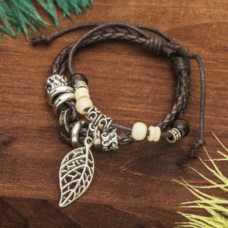 Bracelet leather “leaf” carved, 2 threads, white-brown color, d = 5 cm-1
