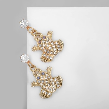 Earrings with rhinestones "frog" kids, lilac-white color in gold-1