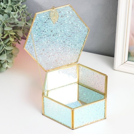 Casket Glass with a metal frame "hexagonant with a sheet. Drops" 17x14.8x6.5 cm-2