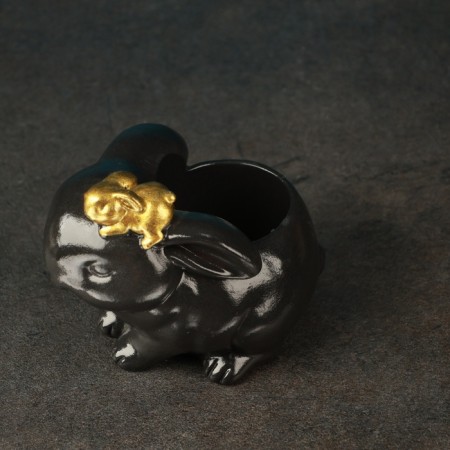 Figure Kashpo "Bunny with a hare" black with gold, 10cm-4