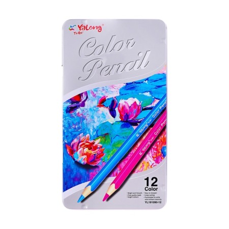 Pencils 12 colors, in metal pencil case, triangular, wooden, landscape, mix-5