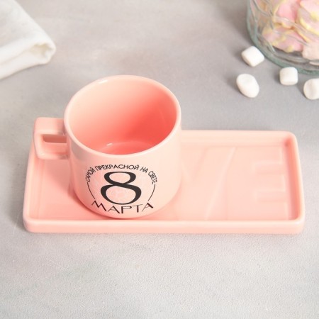 Tea couple ceramic "March 8", mug 150 ml, saucer 17.5x8 cm, pink color