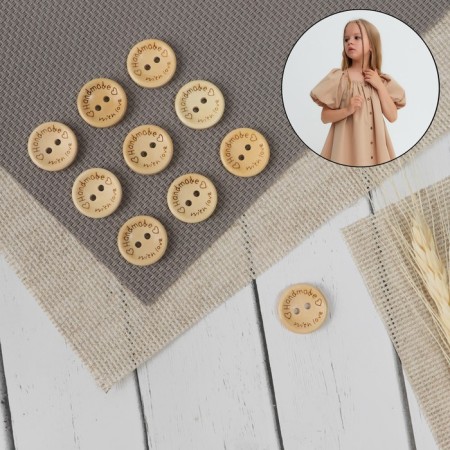 Wood patch "Hand Made with Love", 2 punctures, d = 18 mm, milk color