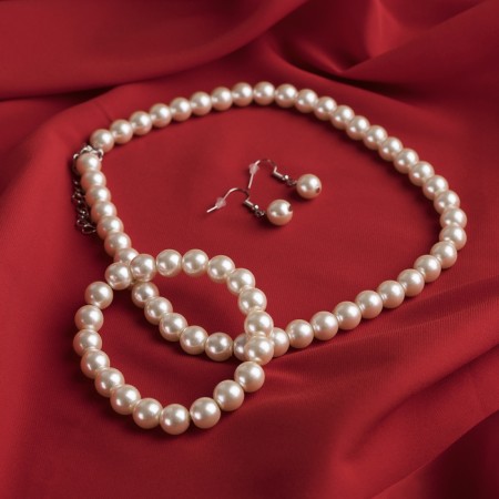 Set 3 objects: earrings, beads, bracelet, white color, 45 cm