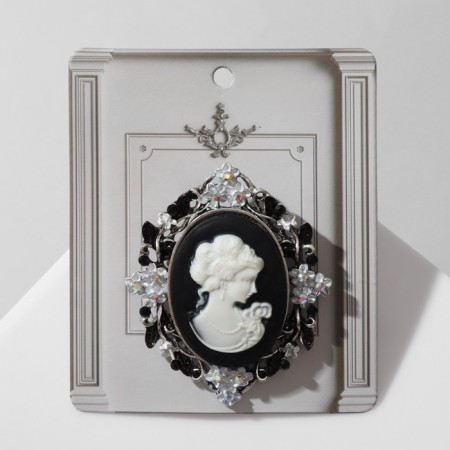 Brooch "Kame" in flowers, black and white color in black silver