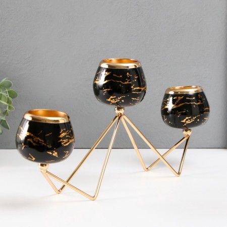 Summary Metal for 3 candles "black marble with golden veins - zig -zag" gold 41x19cm-2