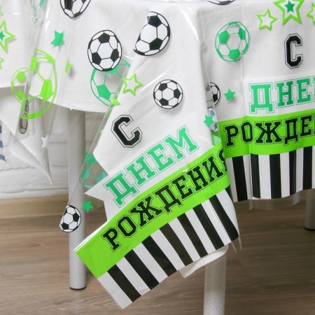 The single tablecloth “Happy Birthday”, football, transparent, 130x200 cm-2