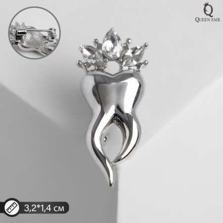 Brooch "Tooth" in a crown of rhinestones, white color in silver