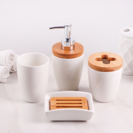A set of accessories for the Bamboo bathroom, 4 items (soap dish, dispenser, two glasses)