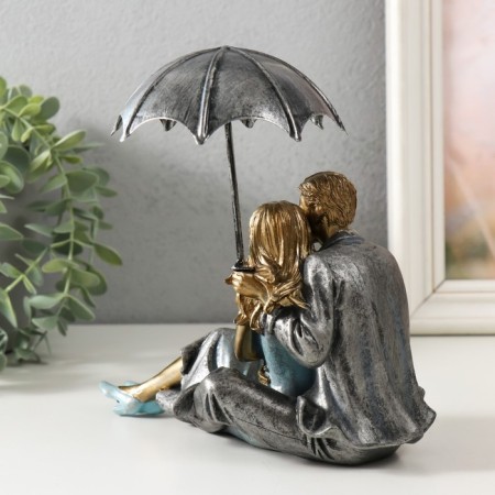 Souvenir Polystone "A couple in love under an umbrella - tenderness" Blue 18x18x10 cm-2