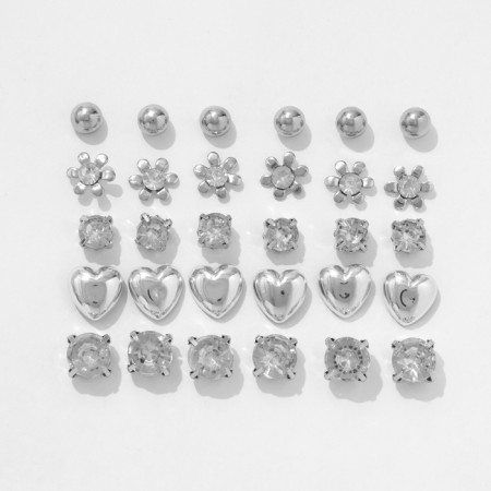 Pusets 15 pairs "minimal" flowers and hearts, white color in silver-1