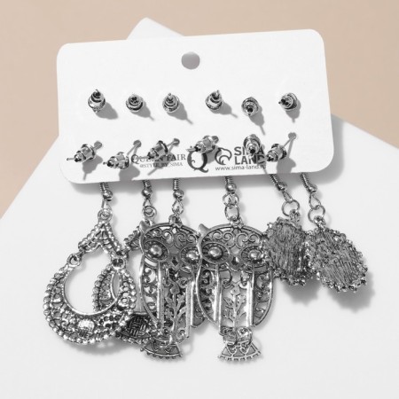 Earrings set 6 pairs "hippies" Eagle owl, white color in black silver-2