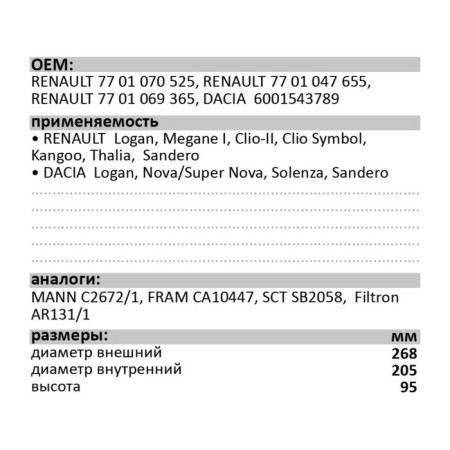 Air filter LX-994-B, Renault, analogues: AR131/1, CA10447, C2672/1, SB2058-6