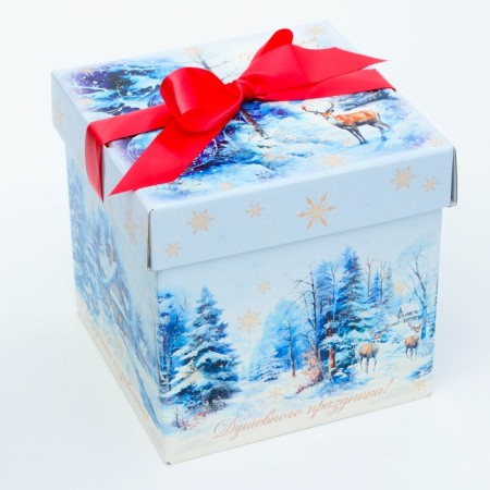 New Year. Gift box New Year's box lid is a “dream” with a satin ribbon 17 x 17 x 17 cm.-1