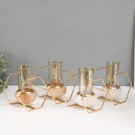 Summary metal, glass for 2 candles "hexagons" white with gold 15.5x26.5x10.5 cm-1