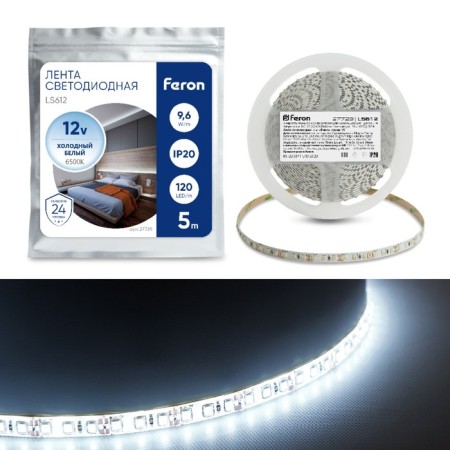 Feron 5 m, IP20, SMD2835, 120 LED/m, 9.6 W/m, 12 V, Cold white glow.