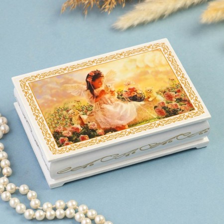 Casket "Angel with kittens", white, 10 × 14 cm, lacquer miniature