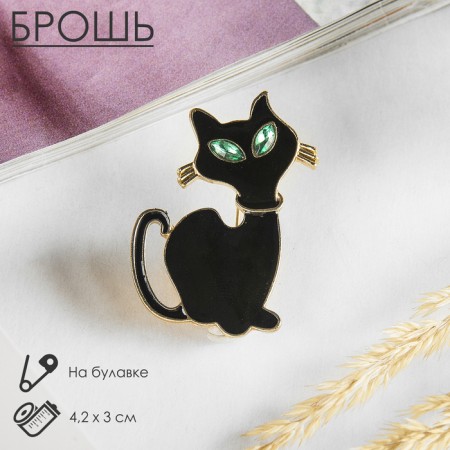 Brooch "Cat" shy, black color in gold