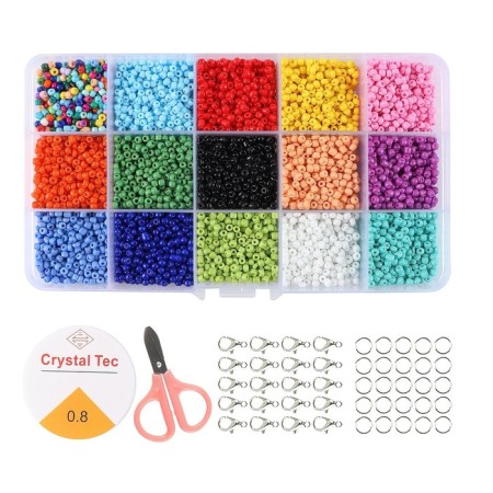 Set for creating jewelry, 15 colors, size 1 piece: 3 mm., Fishing line, scissors