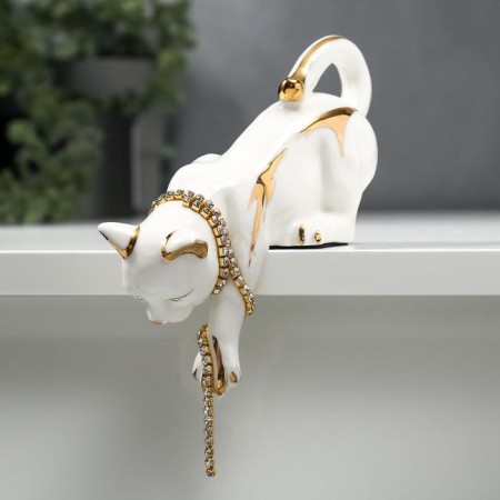 Souvenir Ceramics "Cat white-golden with a chain of rhinestones" 17 cm