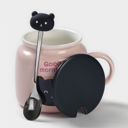 Ceramic mug with a spoon "Good morning", 450 ml, pink color-1