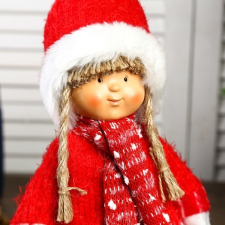 Interior doll "Valya girl in a red outfit, in a hat with a bomb" 38x12x17 cm-4