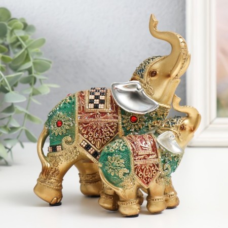 Polystone souvenir "Elephant with an elephant - Red -green ass with rubies" 13.5x8.5x15.5 cm