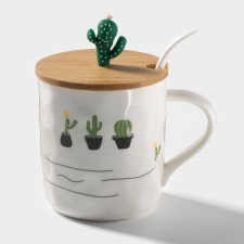 Ceramic mug with a wooden lid and spoon 