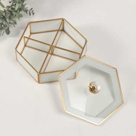 Casket glass with a metal frame "hexagon" transparent white 17.5x20x8 cm-2