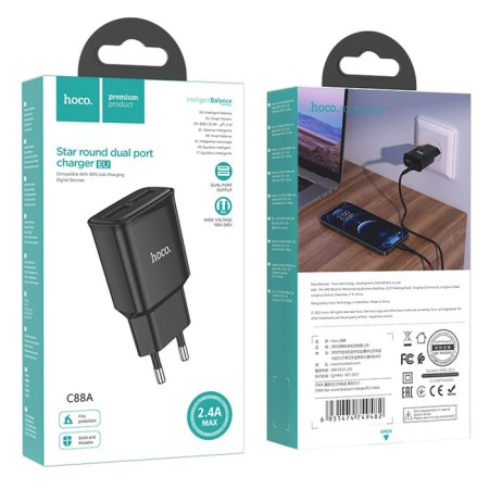 Network charger Hoco C88A, 2 USB, 2.4 A, black-5
