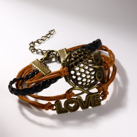 Bracelet "Magic of Signs" owl and infinity, l = 17 cm, color brown-red-1
