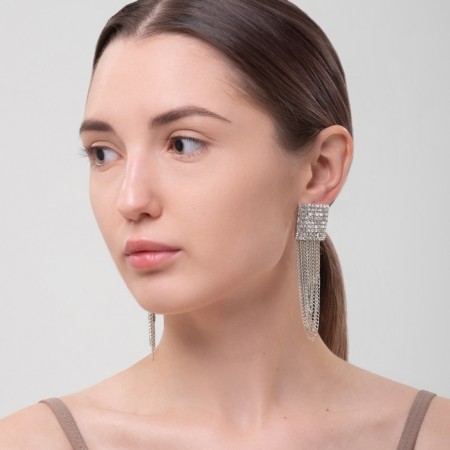 Hanging earrings with Hollywood rhinestones in a square, white color in silver, 9.5 cm-3