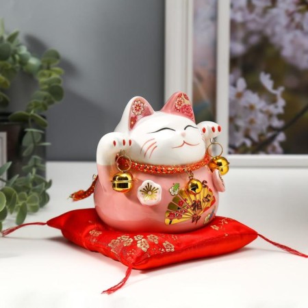 Souvenir Ceramics Pigger "Pink Cat Mani-Neko with bells" 11.5x11.5x9.5 cm-1