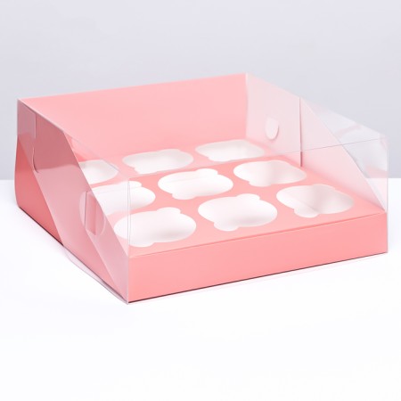 Confectionery folding box for 9 cupcakes 23.5 x 23.5 x 10, pink