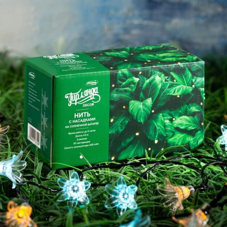 Garland “thread” 4.5 m with nozzles “Flowers”, IP44, Dark Thread, 30 LED, Glash glow/Aquamarine, 2 modes, solar battery-8