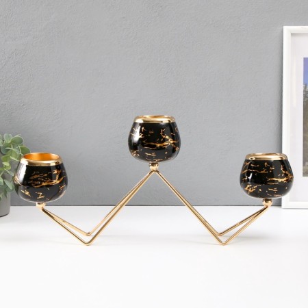 Summary Metal for 3 candles "black marble with golden veins - zig -zag" gold 41x19cm-1