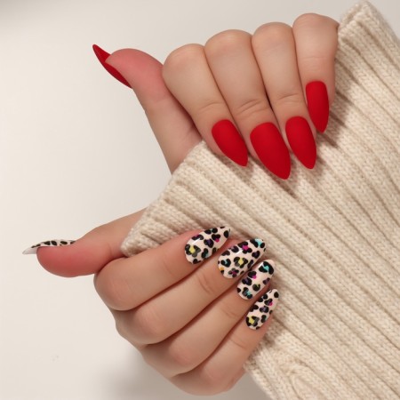 Leo patch nails, 12 pcs, with glue plates, almonds, red, beige-7