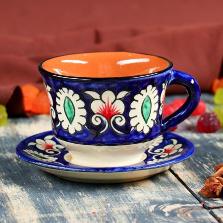 Tea couple of Rishtan ceramics "Flowers", 100 ml, (plate 10cm, cup 7.5cm), blue-1