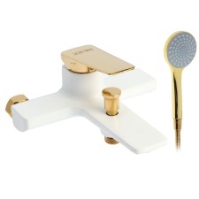 Bath mixer Zein Z3891, single -leaf, watering can 3 modes, hose, holder, white/Gold