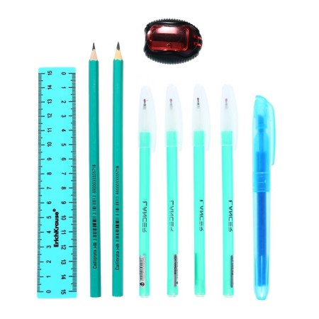 Cleaning set 10 objects (pencil case is 65 x 210 mm, pens 4 pieces Blue, ruler 15 cm, sharpener, pencil 2 pieces, textbook), turquoise-5