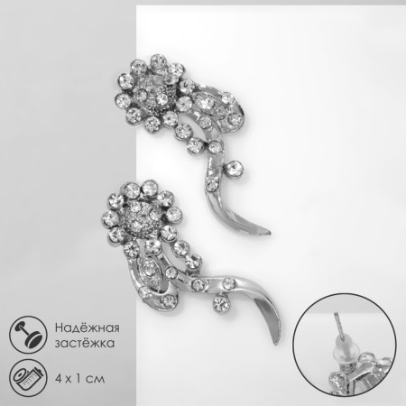 Earrings with rhinestones "flowers" bends, white color in silver