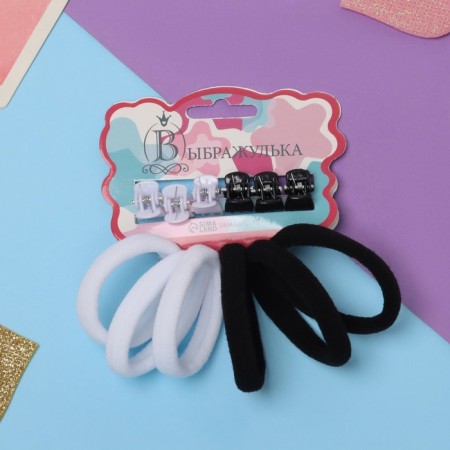 Hair Set "Sport" (6 rubber bands, 6 crabs) black and white-1