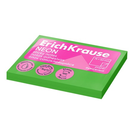 Block with a sticky edge paper 75x50 mm, Erichkrause "Neon", 100 sheets, green