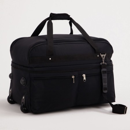 Road bag on wheels, a lightning department, with an increase, 2 outer pockets, a long belt, black color