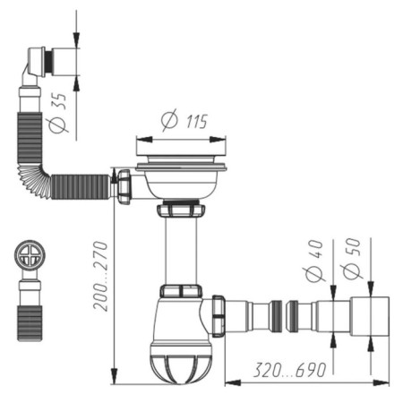 Aquant siphon for washing, 3 1/2 "x 40 mm, round overflows, with corrugated 40x40/50 mm-2