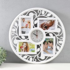 Multi -chamber with a clock 4 photos 10x15 cm, plastic, col. white