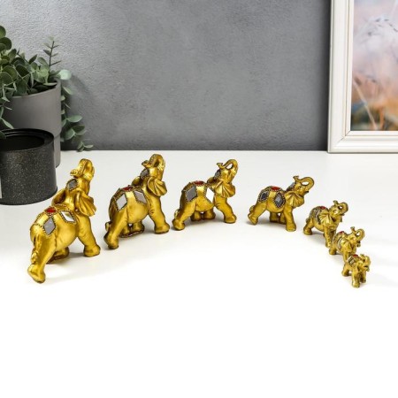 Polystone souvenir "Seven gold elephants with mirror mosaics" h = 11.3; 9.5; 8.2; 7; 6; 5; 4.5 cm