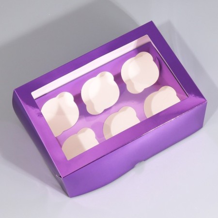 Capcake box, confectionery packaging with a window, 6 purple cells, 25 x 17 x 10 cm-2