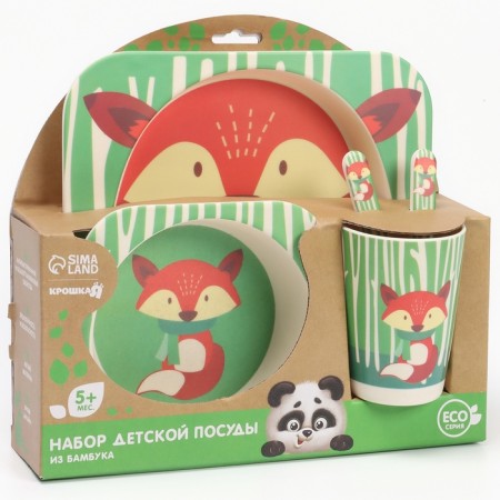 A set of children's dishes "Fox", from bamboo, 5 items: plate, bowl, glass, cutlery-2